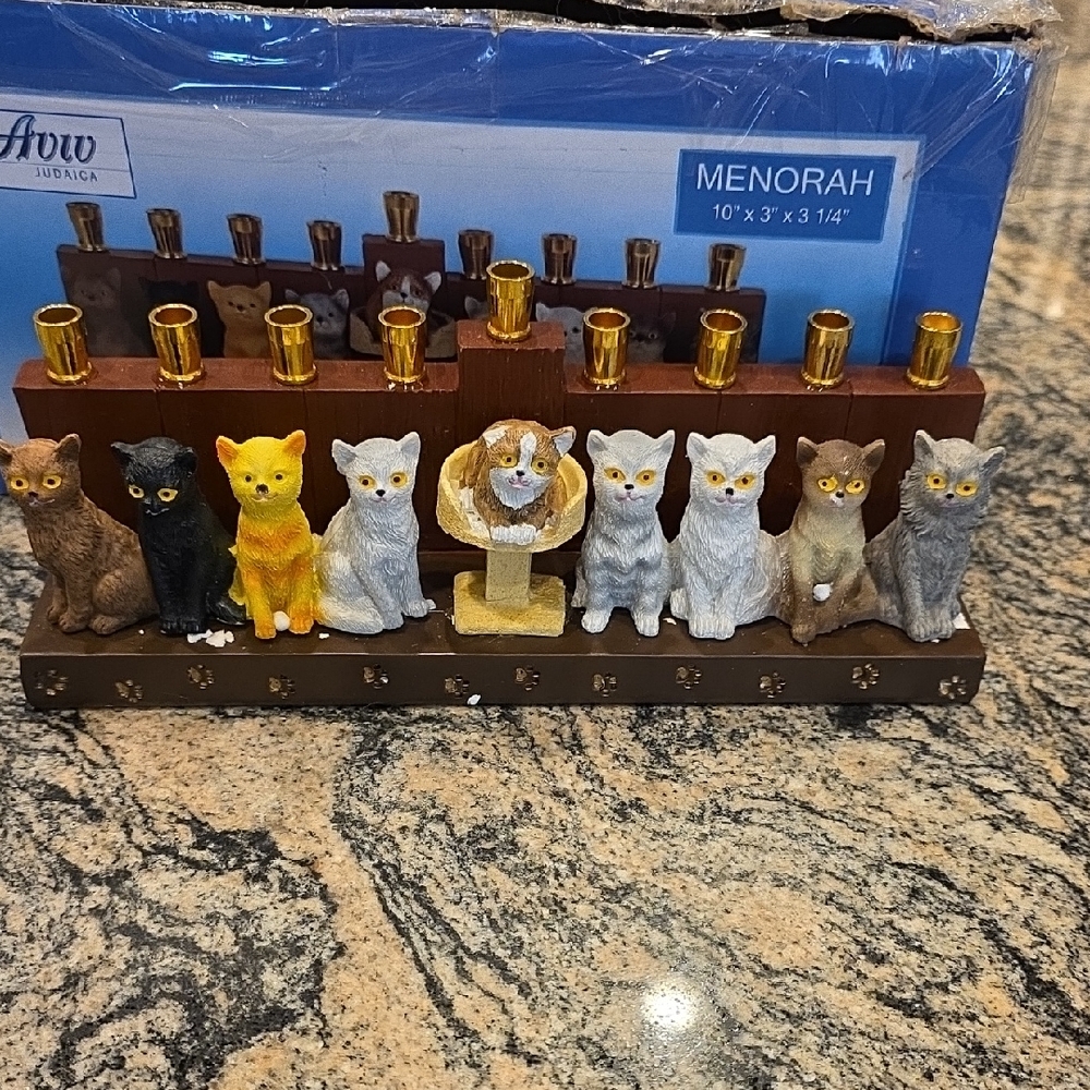 Charming Cat Menorah with Gold and Brown Accents